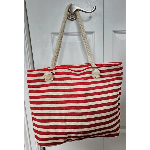 Weekender Beach Red Cream Striped Tote Bag Rope Handle 19in x 14.5in Nautical - Picture 2 of 10